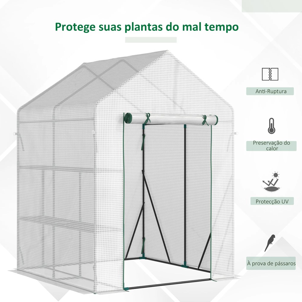 Estufa de Jardim 143x143x195 cm Estufa de Aço com 2 Prateleiras e Port