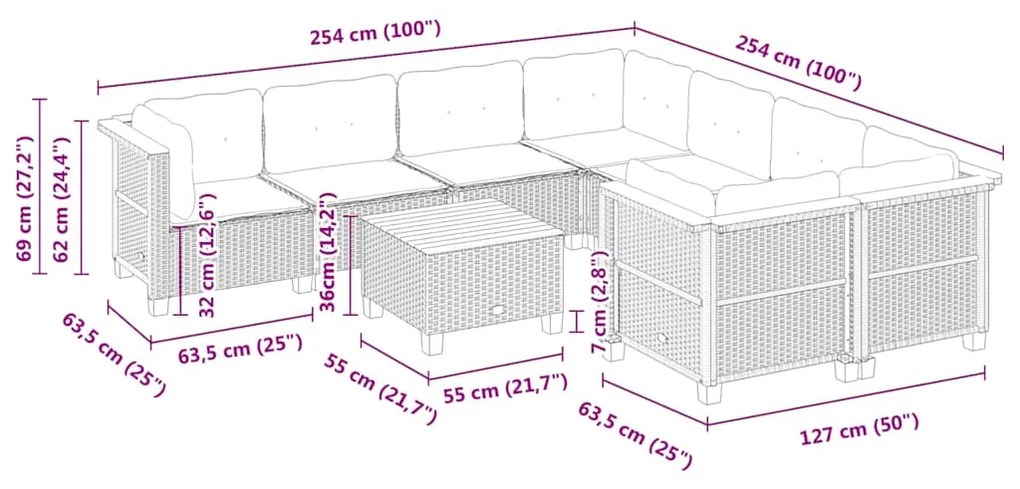 9 pcs conjunto de sofás p/ jardim com almofadões vime PE bege