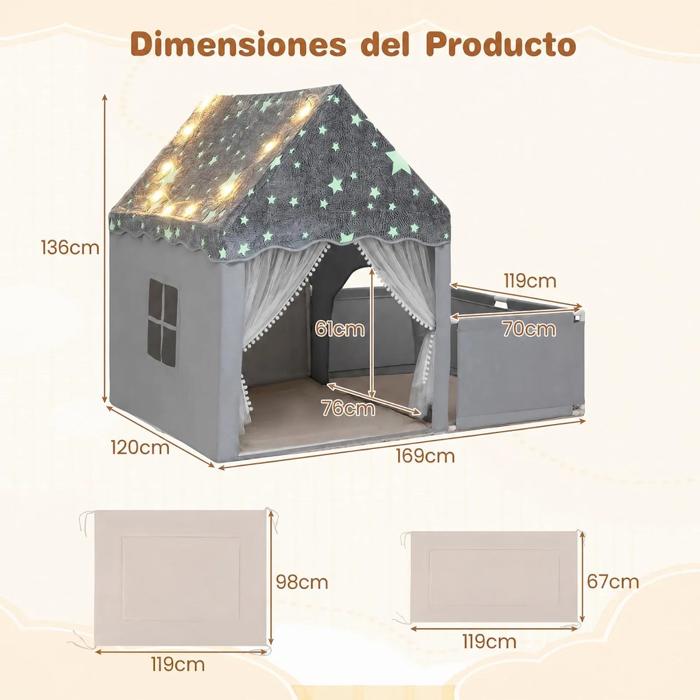 Casa de Jogos Infantil 2 em 1, 169 x 120 x 136 cm, Teto Fluorescente, Cinzento
