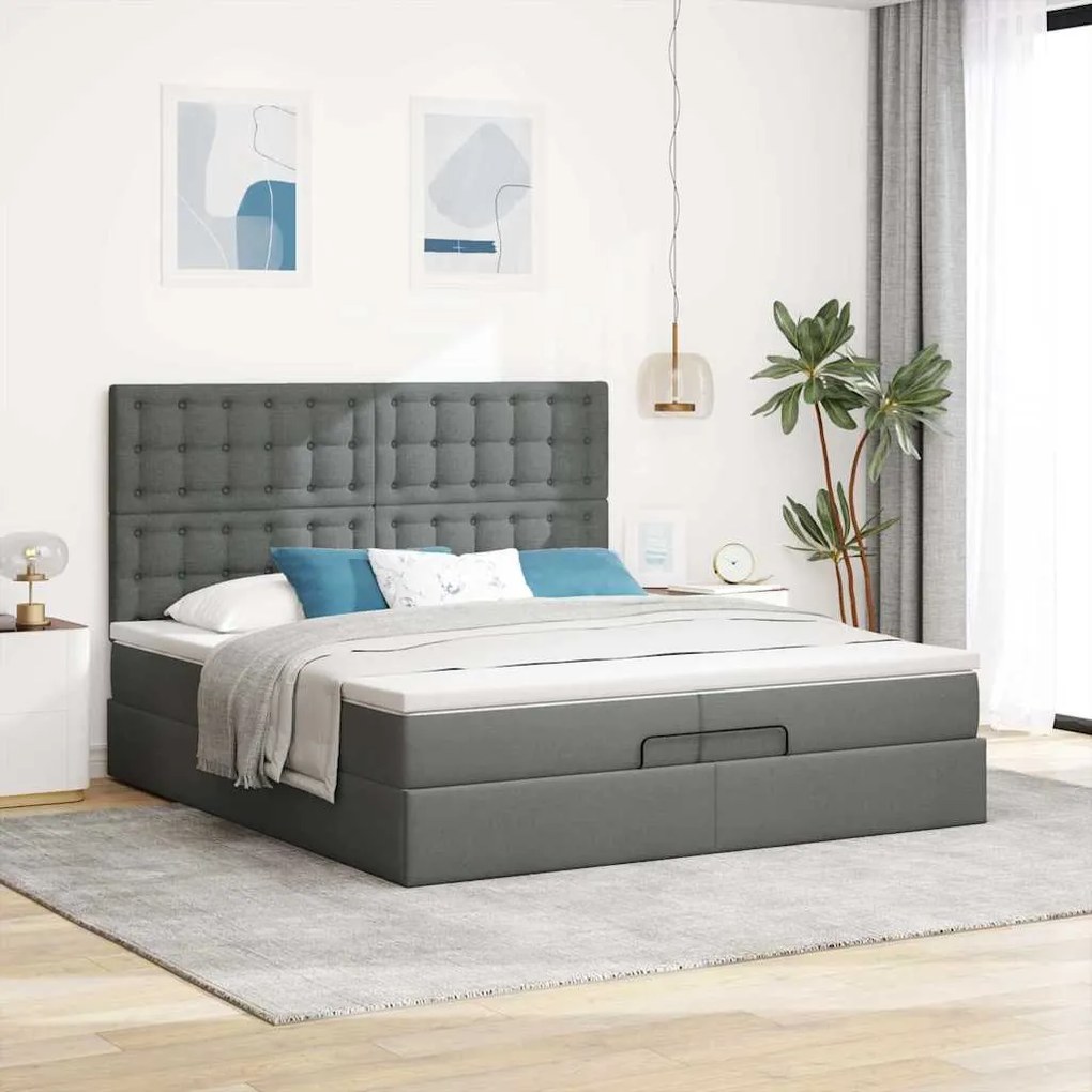 Estrutura de cama otomana com colchões tecido cinzento escuro
