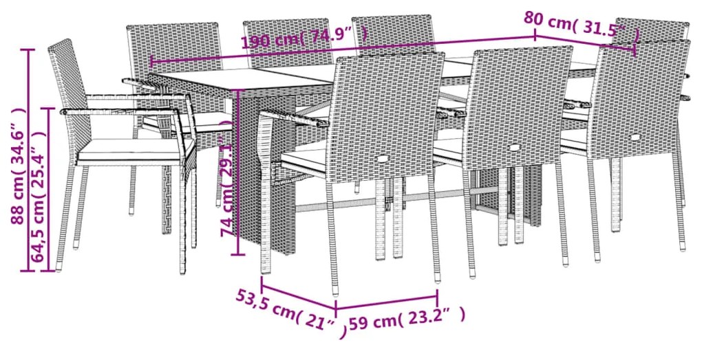 9 pcs conjunto de jantar p/ jardim c/ almofadões vime PE cinza