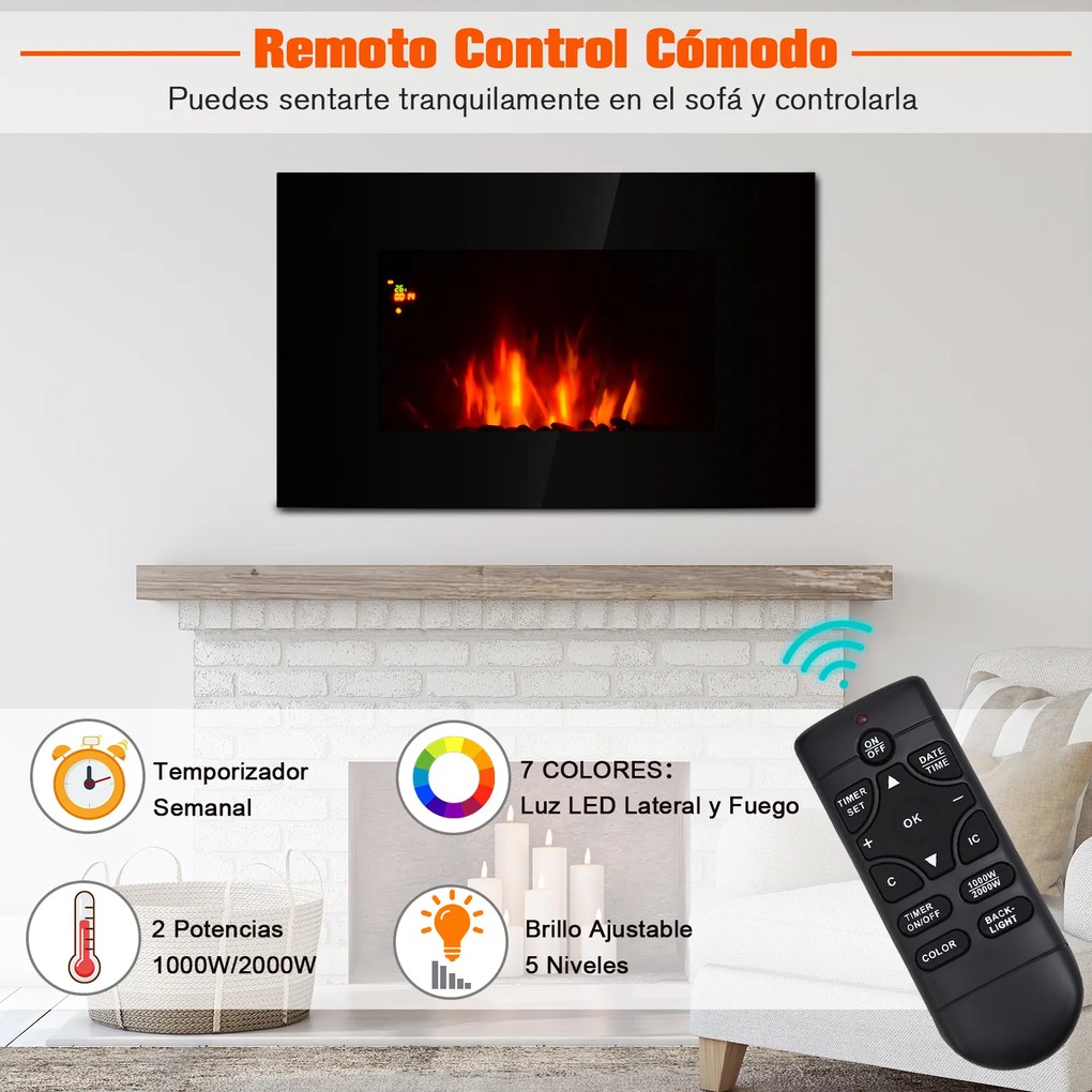 HomCom® Lareira Eléctrica de Parede 1000/2000W Comando a Distância 90x9,5x56 cm