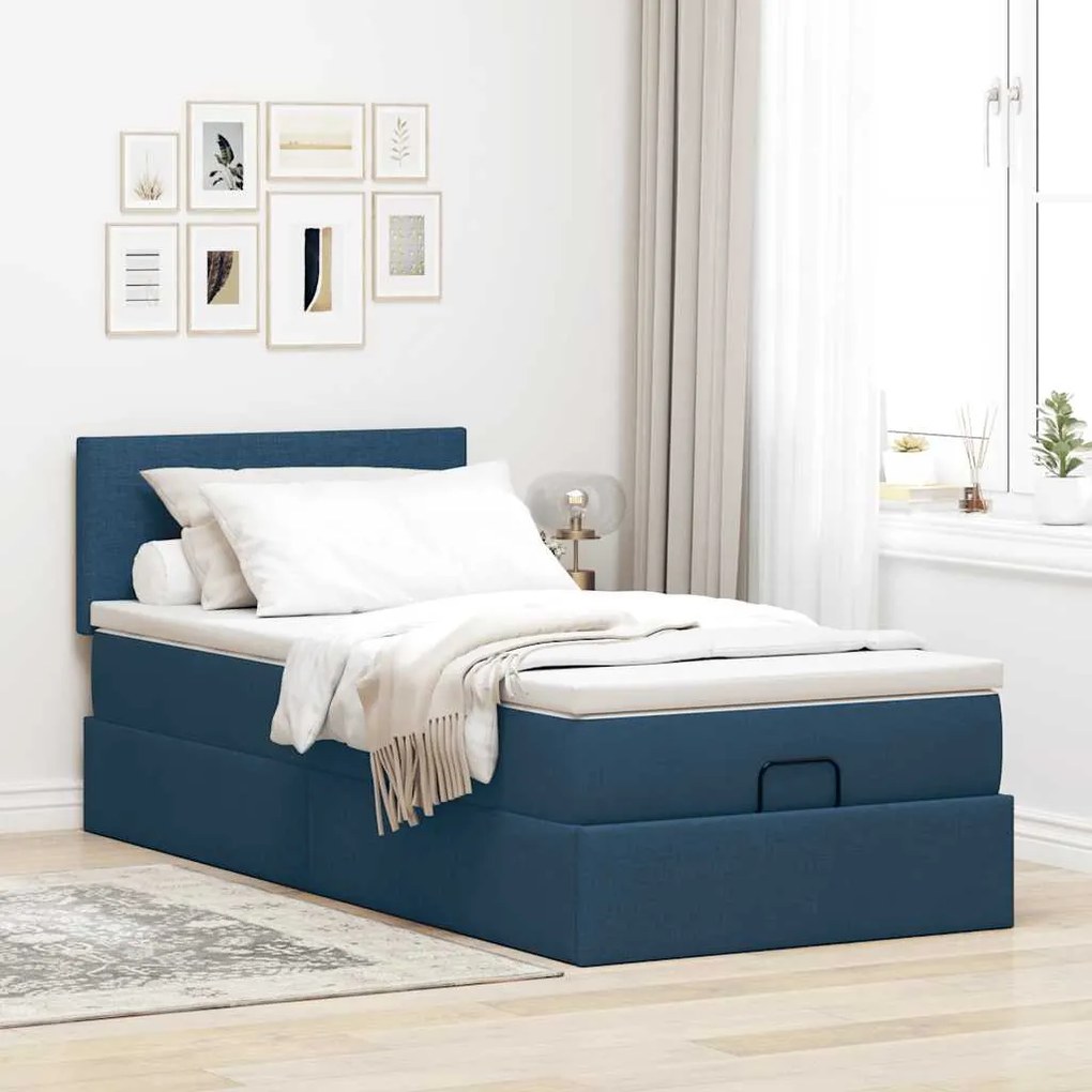 Cama Otomana com Colchão & LEDs Tecido Azul 90x200 cm
