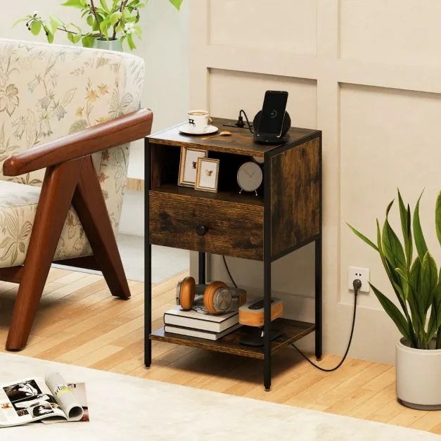 Conjunto de 2 mesas de cabeceira, mesas apoio 40 x 32 x 65 cm com Estação de carregamento, Compartimento aberto Gaveta Castanho Rústico