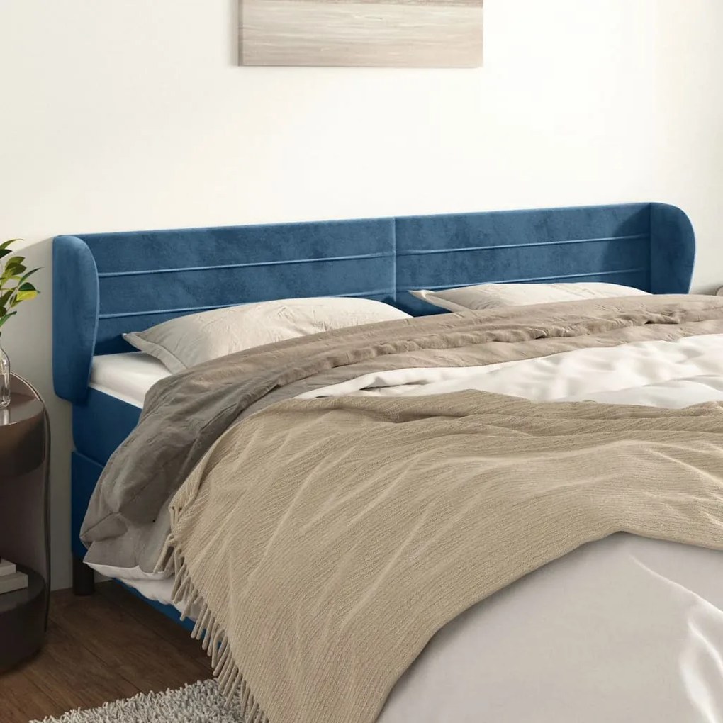 Cabeceira de cama c/ abas veludo 203x23x78/88cm azul-escuro