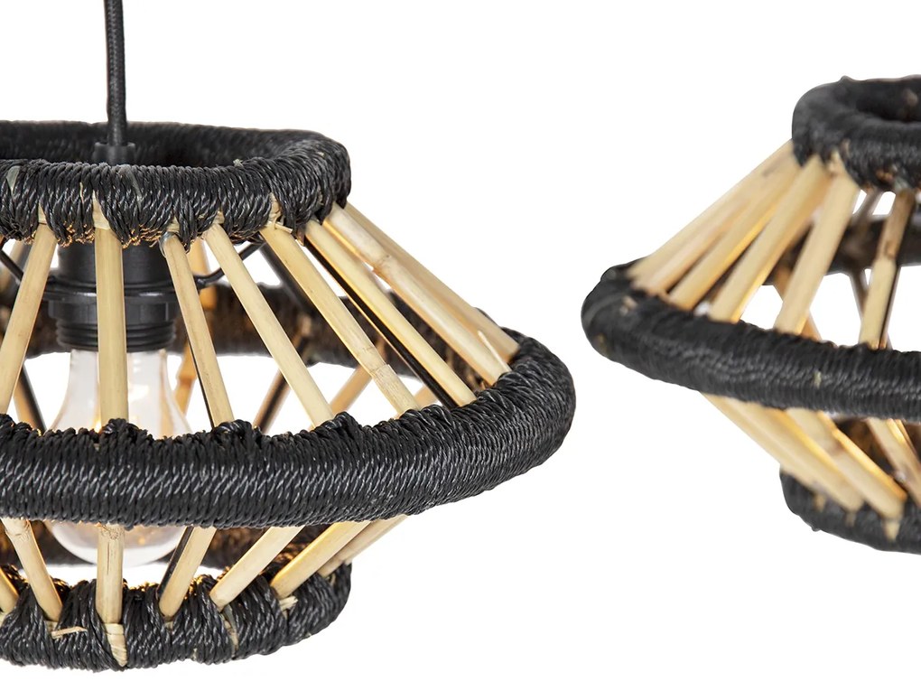 Candeeiro de suspensão oriental em bambu com preto oblongo 3 luzes - Evalin Oriental