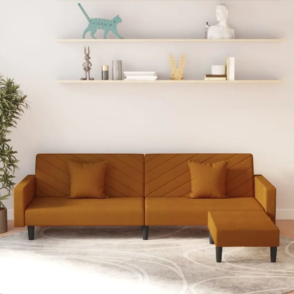 3081851 vidaXL Sofá-cama de 2 lugares c/ 2 almofadas/apoio pés veludo castanho