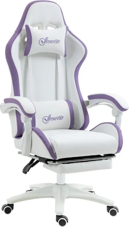 Cadeira Gaming de Couro PU com Altura Ajustável Reclinável 135° e Apoio para os Pés Retrátil 65x65x121-129 cm Branco e Roxo