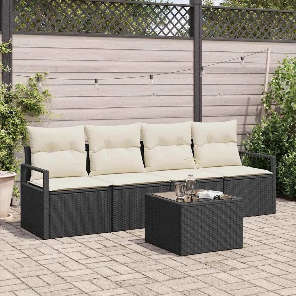 Conjunto de Sofá de Jardim de 5 Peças com Almofadas Pretas em Poliratt