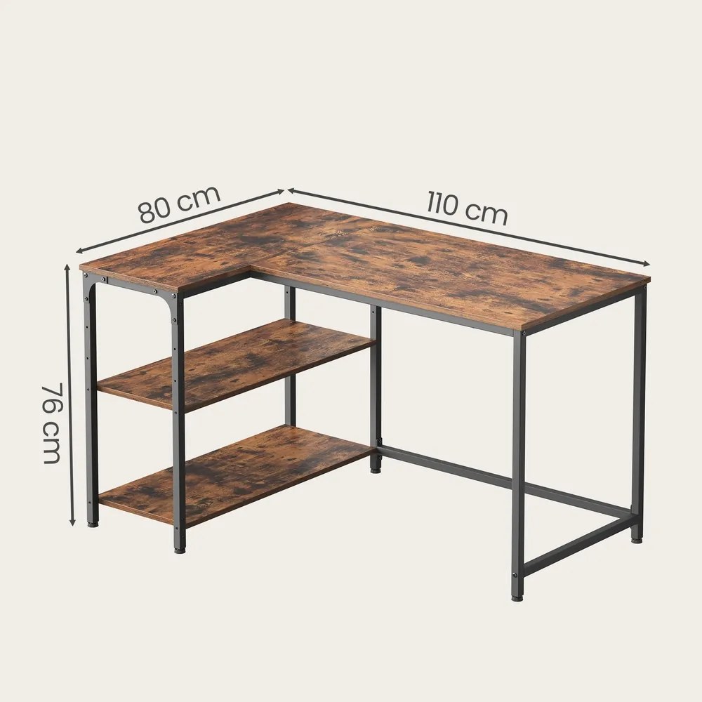 Secretária com espaço de arrumação em L 110 x 80 x 76 cm, prateleira ajustável em altura castanho
