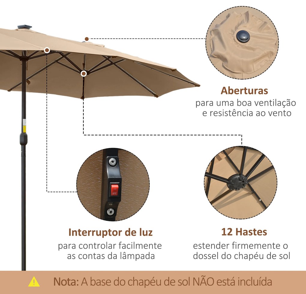 Outsunny Chapéu de Sol Duplo de Jardim com 48 Luzes LED Solar 450x265x240cm Chapéu de Sol de Exterior com Manivela Proteção Solar para Terraço Balcão Piscina Cáqui