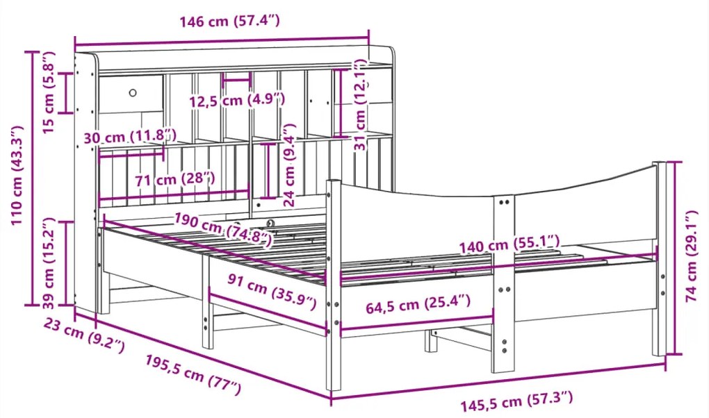 Cama sem colchão 140x190 cm pinho maciço castanho-mel