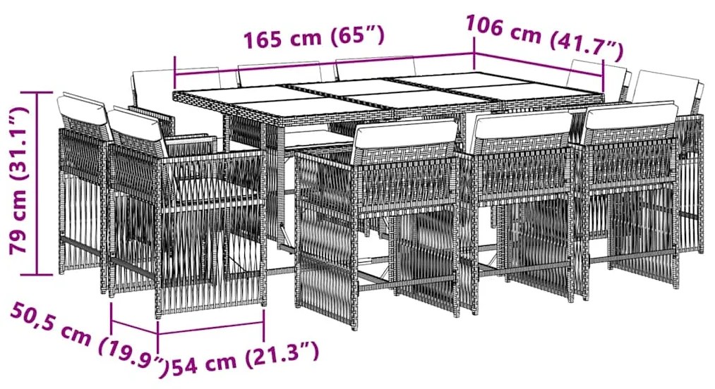 11 pcs conj. jantar jardim c/ almofadões vime PE bege misturado