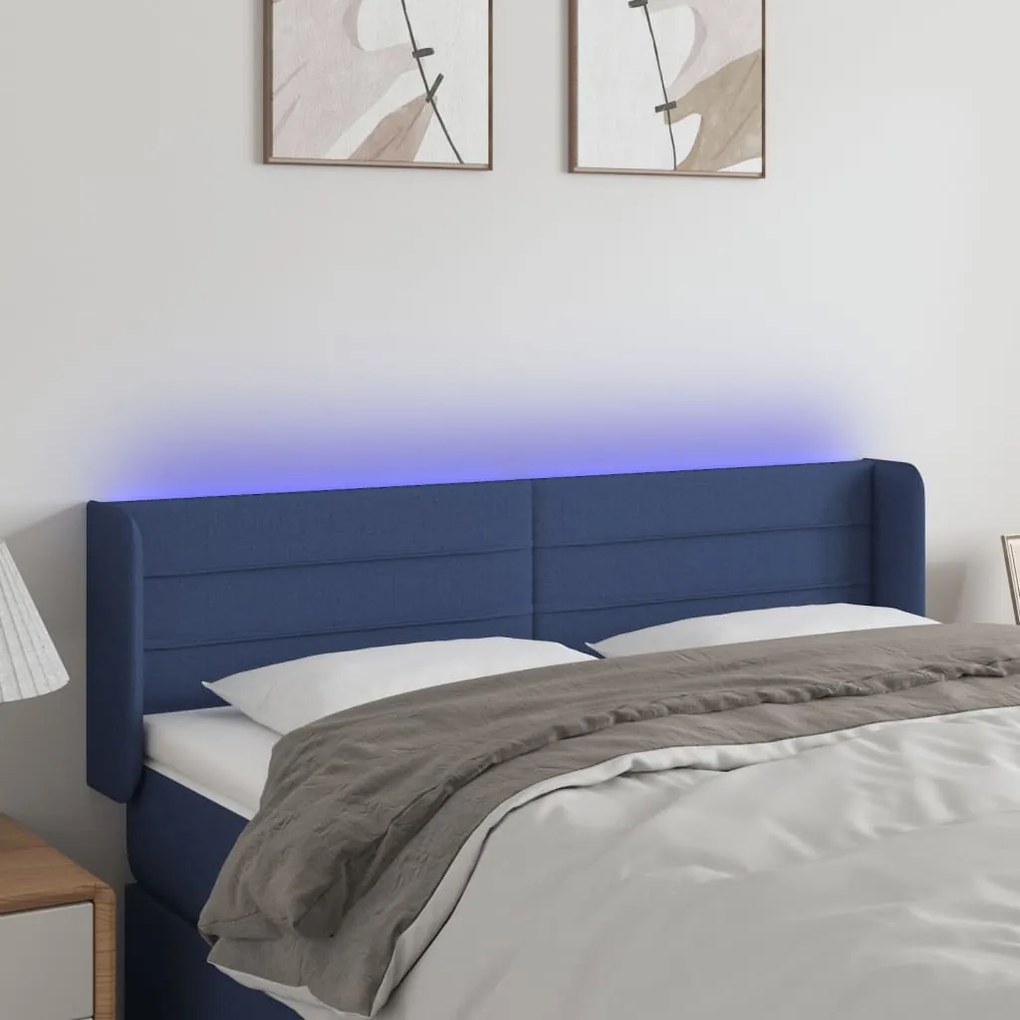 Cabeceira de cama c/ luzes LED tecido 147x16x78/88 cm azul