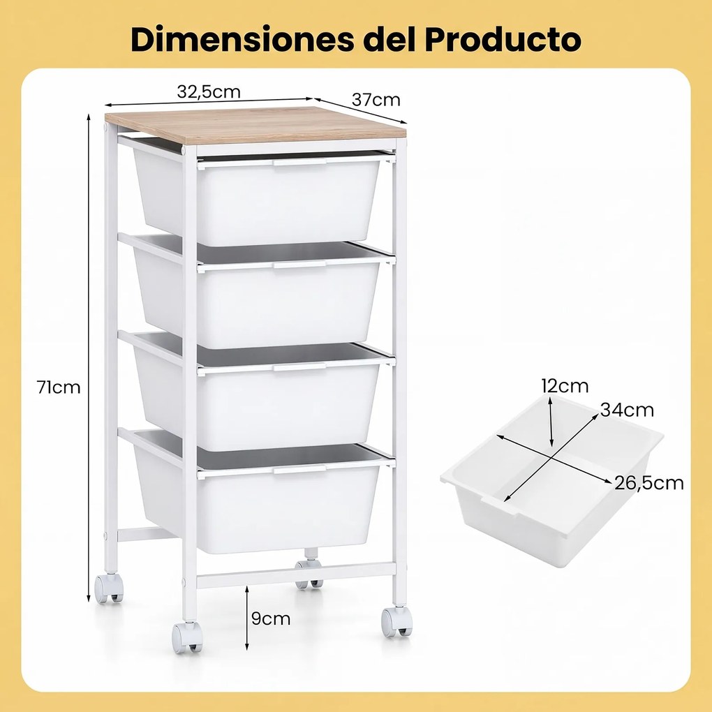 Carrinho Organizador com 4 Gavetas, 32,5 x 37 x 71 cm, Rodas com Travão, Branco