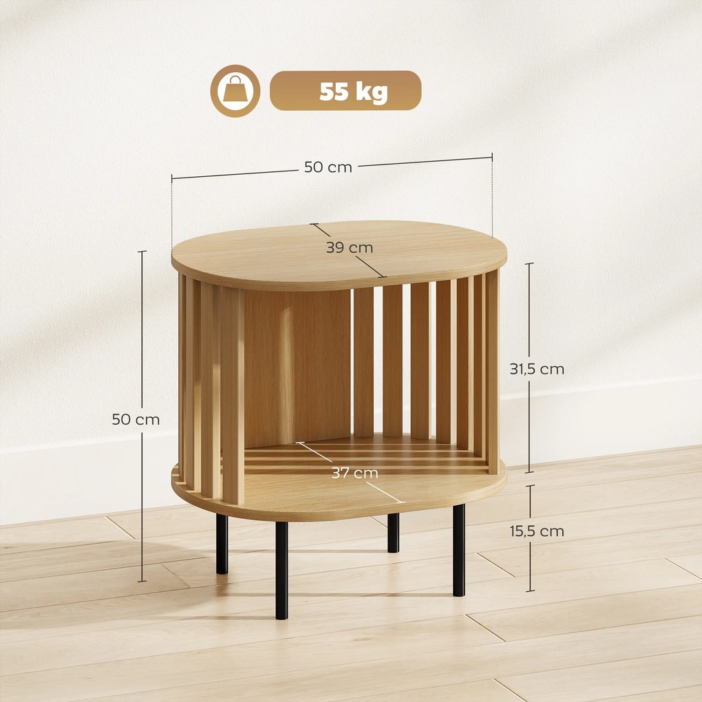 Mesa auxiliar oval 50x39x50 cm para colocar ao pé do sofá, com arrumação aberta, pés em aço com design em ripas, efeito de madeira natural