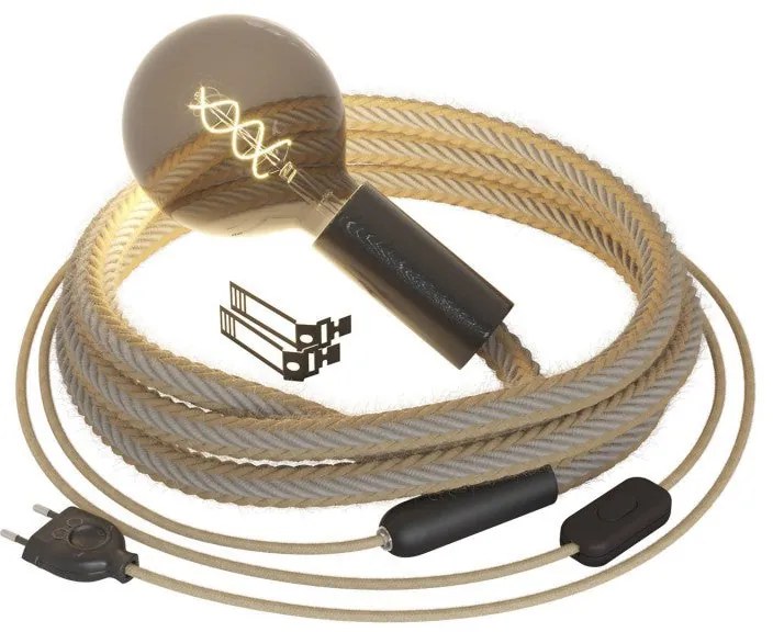 Fiação SnakeBis com suporte de lâmpada de madeira terminal de cabo de metal e juta 2XL e cabo de corda de linho natural cinza