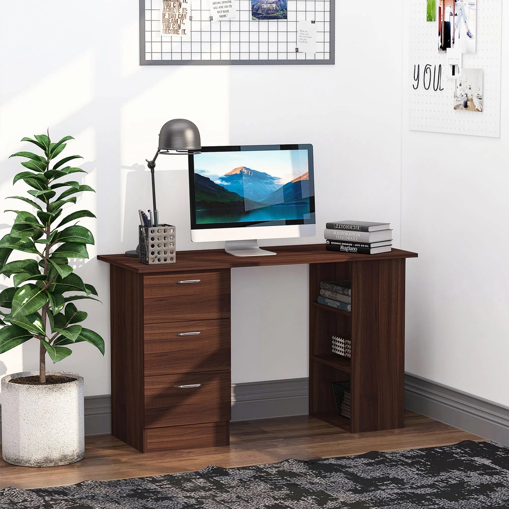 Secretária de computador com 3 gavetas e 3 prateleiras abertas, 120 x 49 x 72 cm, secretária com arrumação reversível, estilo moderno, secretária de c