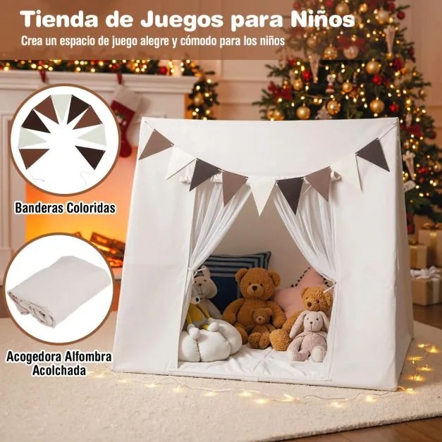 Tenda infantil 120x120x105cm com tapete lavável e bandeiras coloridas para canto de leitura para crianças a partir de 3 anos bege