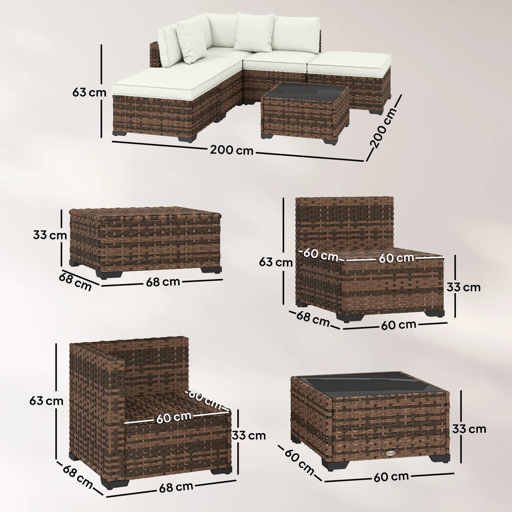 Conjunto de Jardim em Vime de 6 Peças Inclui Almofadas 4 Módulos de Assento 1 Sofá de Canto e Mesa de Centro em Vidro Castanho Escuro