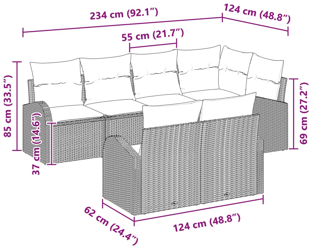 Conjunto de Sofá de Jardim de 7 Peças com Almofadas Cinza Rattan Polié