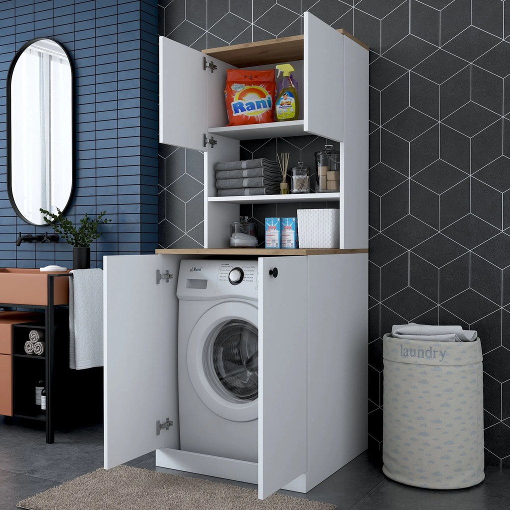Armário para Máquina de Lavar KD102 – Branco e Nogueira – 70x183,6x72,