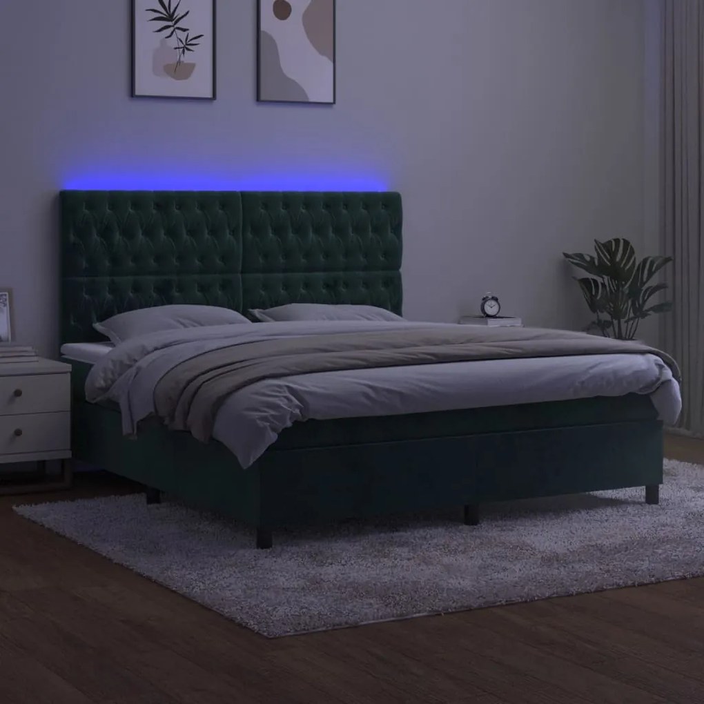 Cama box spring c/ colchão/LED 160x200 cm veludo verde-escuro