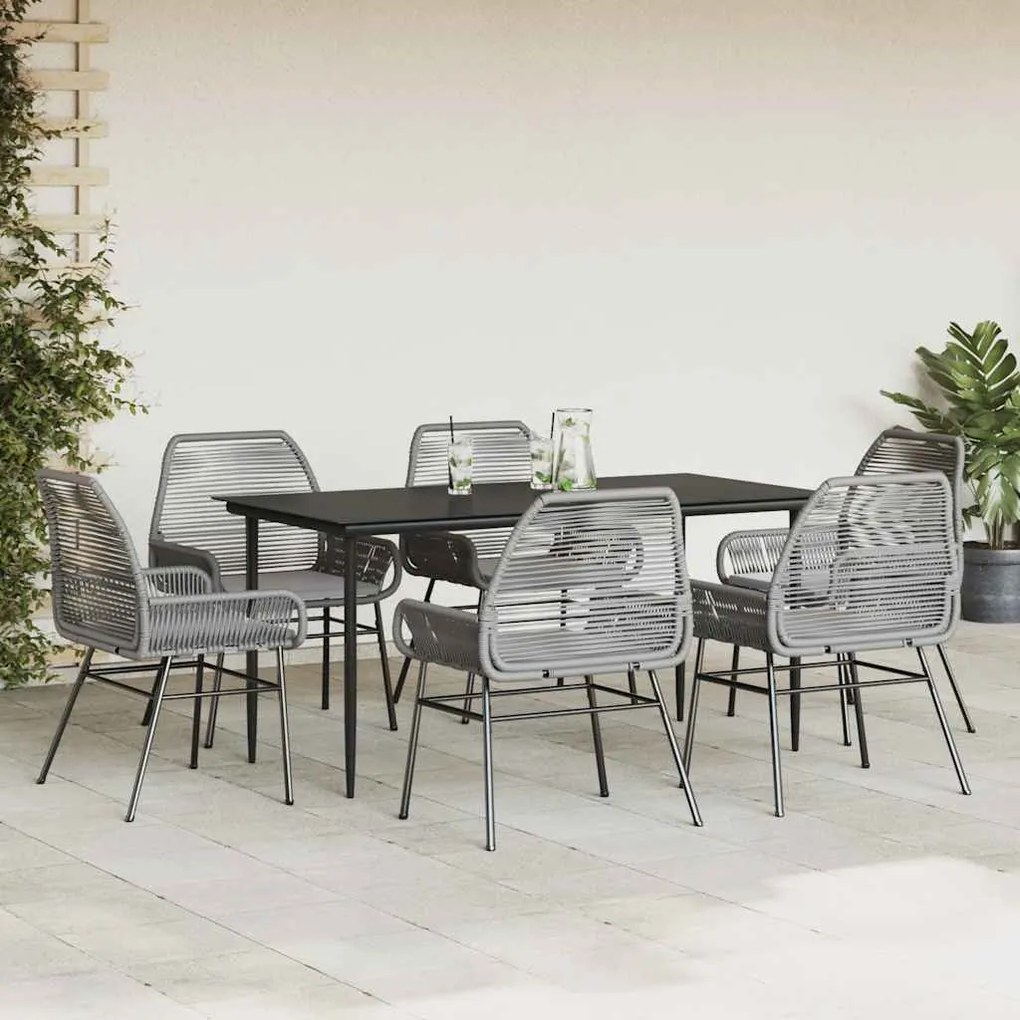 Conjunto jantar jardim 7 peças almofadas vidro vime cinzento PE