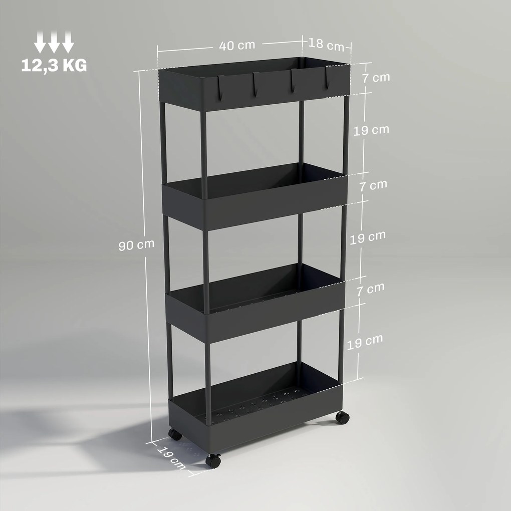 Carrinho Auxiliar com Rodas Carrinho de Armazenamento com 4 Cestas e 4 Ganchos Amovíveis 40x19x90 cm Preto
