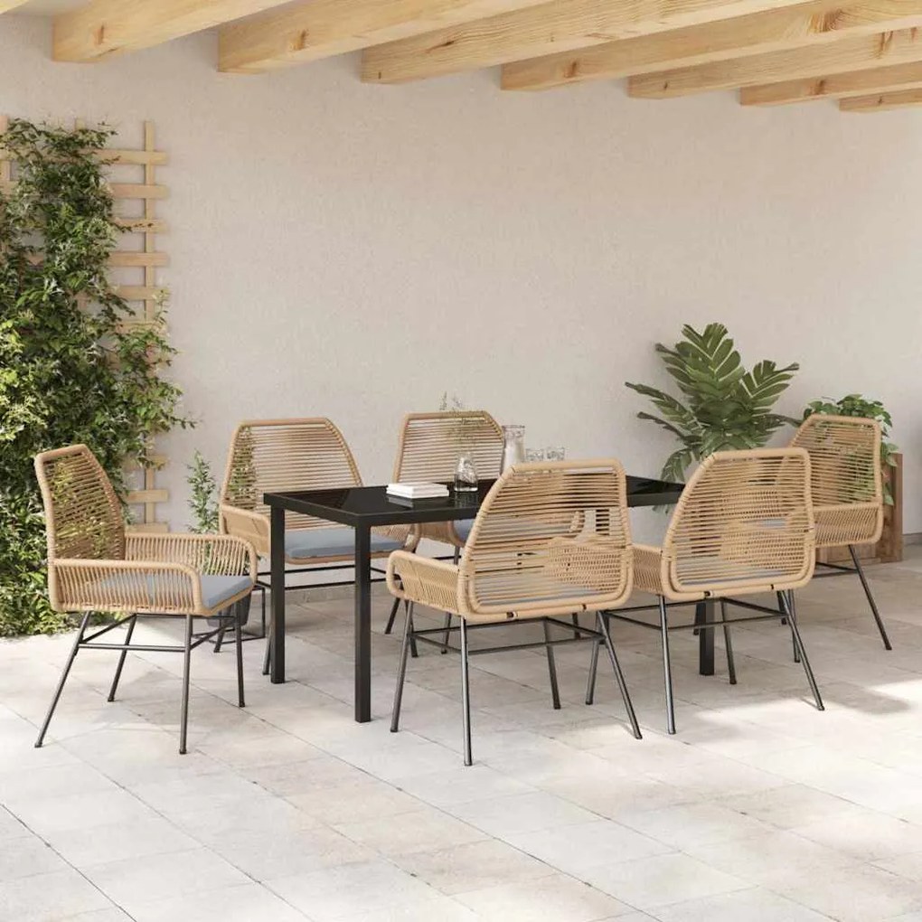 Conjunto de jantar de jardim com 7 peças e almofadas marrons de rattan