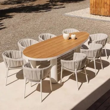 Conjunto De Mesa Oval Taneli, 260x110 Cm, Feito De Alumínio E Madeira De Teca, E 8 Cadeiras De Jardim, Feitas De Alumínio E Teci Madeira De Teca -