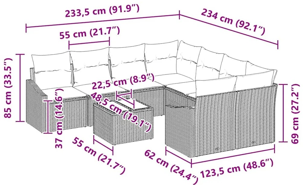 Conjunto de Sofá de Jardim com Almofadas Bege Rattan Poliéster