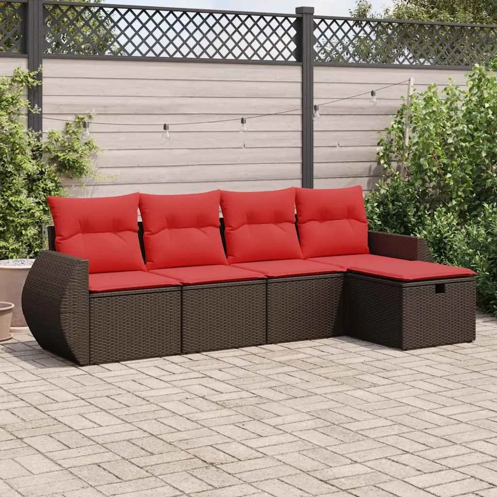 5 pcs conjunto sofás p/ jardim c/ almofadões vime PE castanho