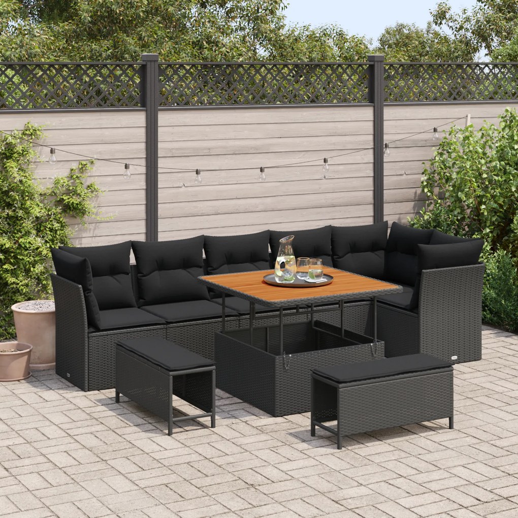 Conjunto de Sofá de Jardim de 9 Peças com Almofadas Preto Polirattan A