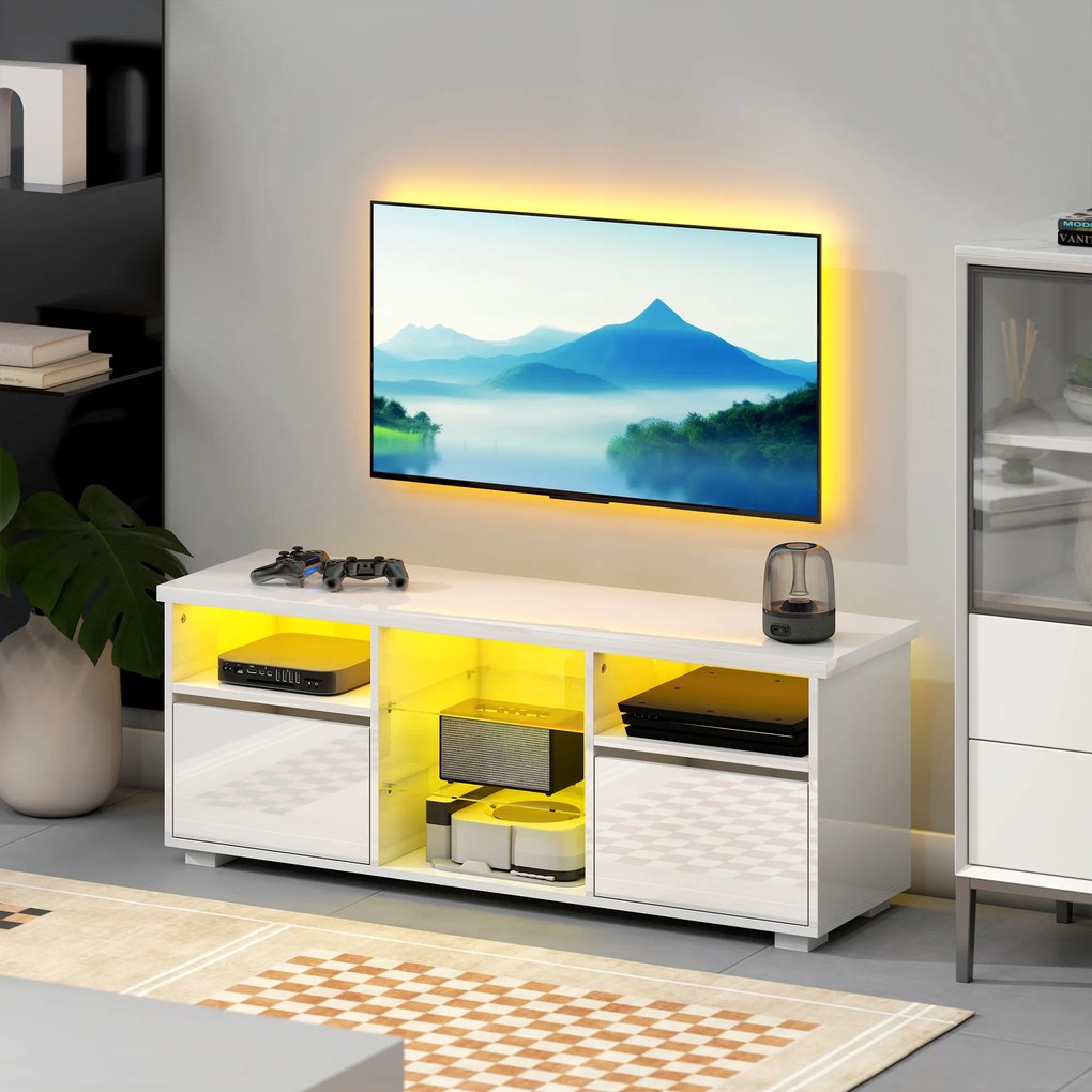 Móvel de TV 120 x 34 x 45 cm, móvel para televisores até 55 polegadas, com iluminação LED e comando à distância, prateleiras em vidro branco
