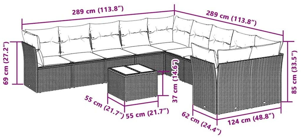 11 pcs conjunto sofás de jardim c/ almofadões vime PE cinzento