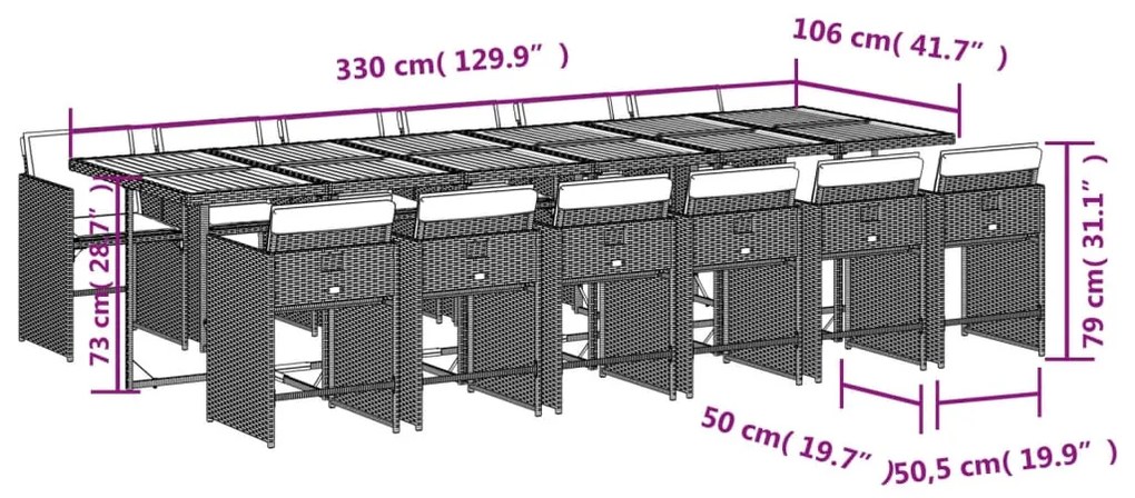 13 pcs conjunto jantar p/ jardim c/ almofadões vime PE cinzento