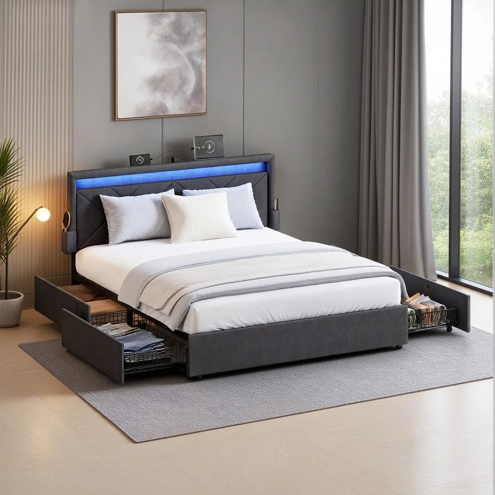 Estrutura de cama, 180 x 200 cm (COLCHÃO NÃO INCLUIDO), com iluminação Led Cinza
