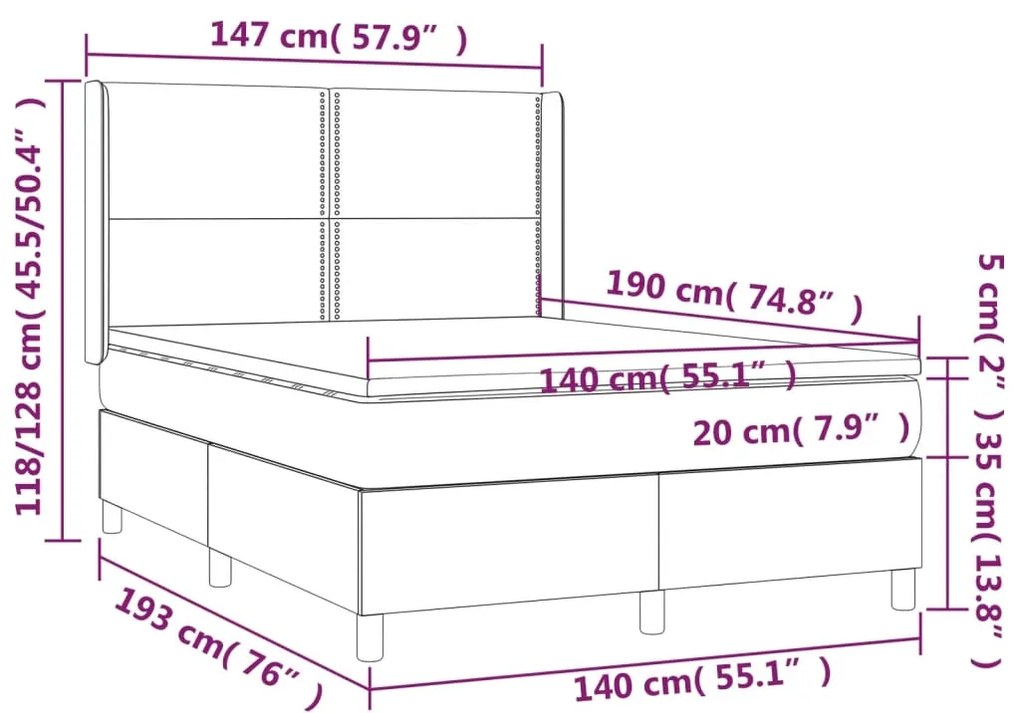 Cama box spring c/ colchão/LED 140x190 cm veludo cinzento