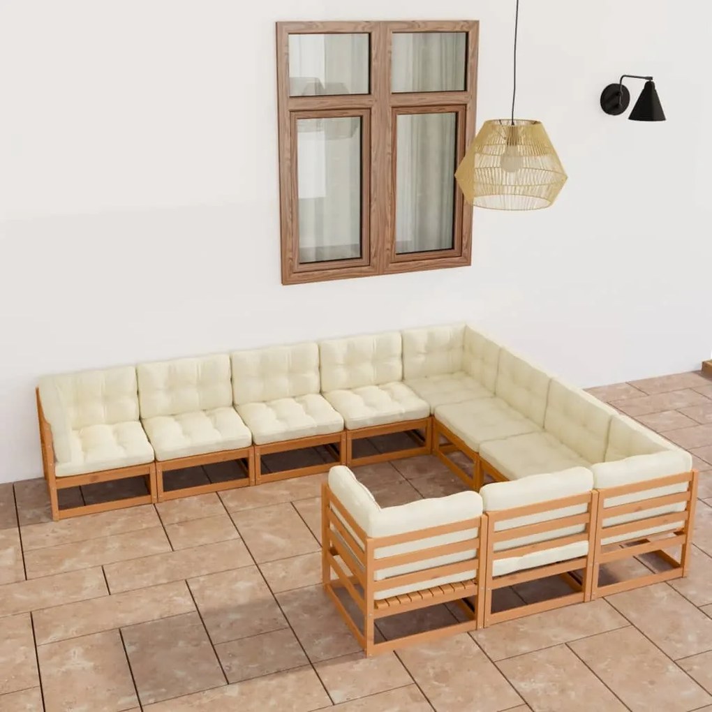 vidaXL 10pcs conj. lounge jardim almofadões pinho maciço castanho mel