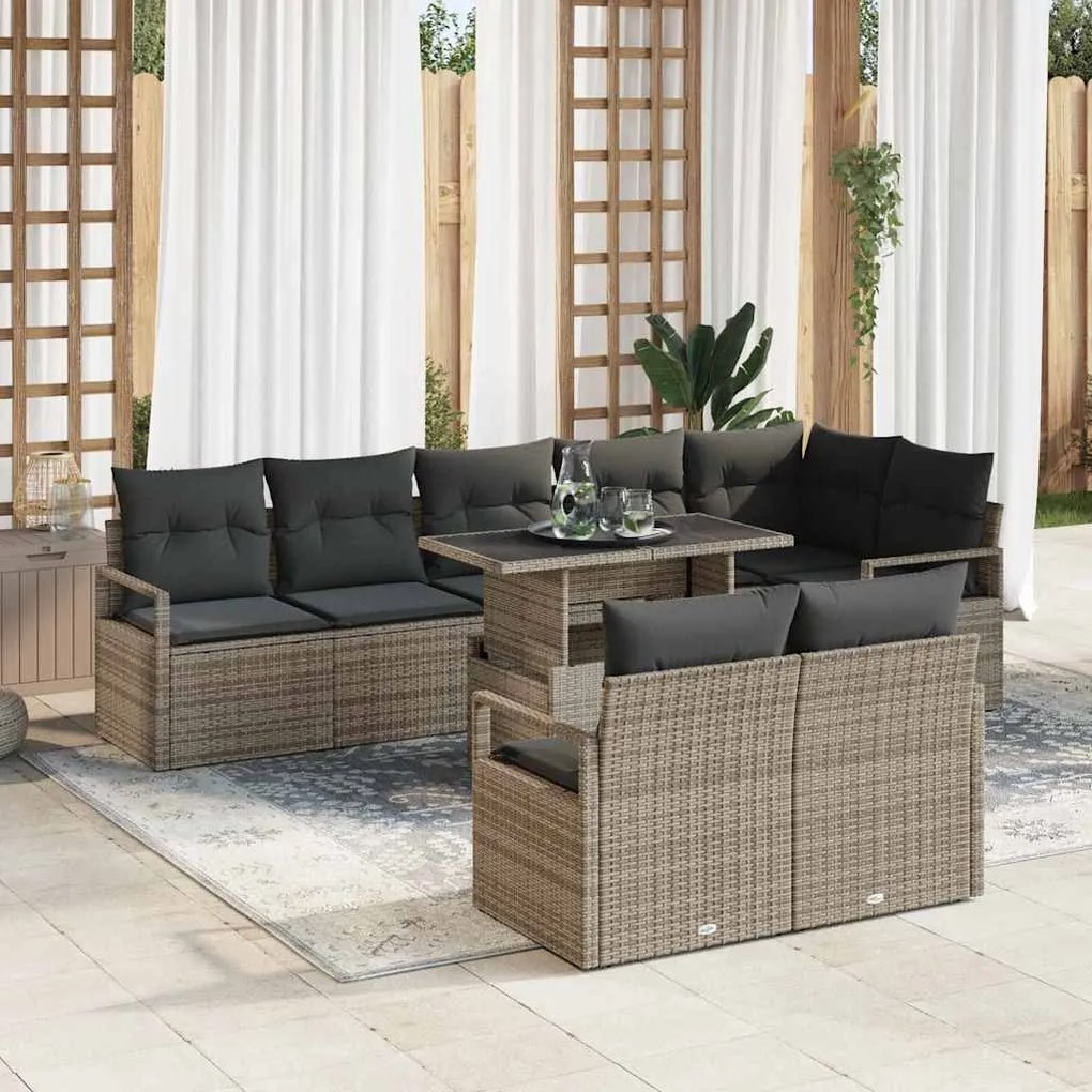 vidaXL Conjunto de Sofá de Jardim com 9 Peças e Almofadas Cinzas em Rattan Sintético
