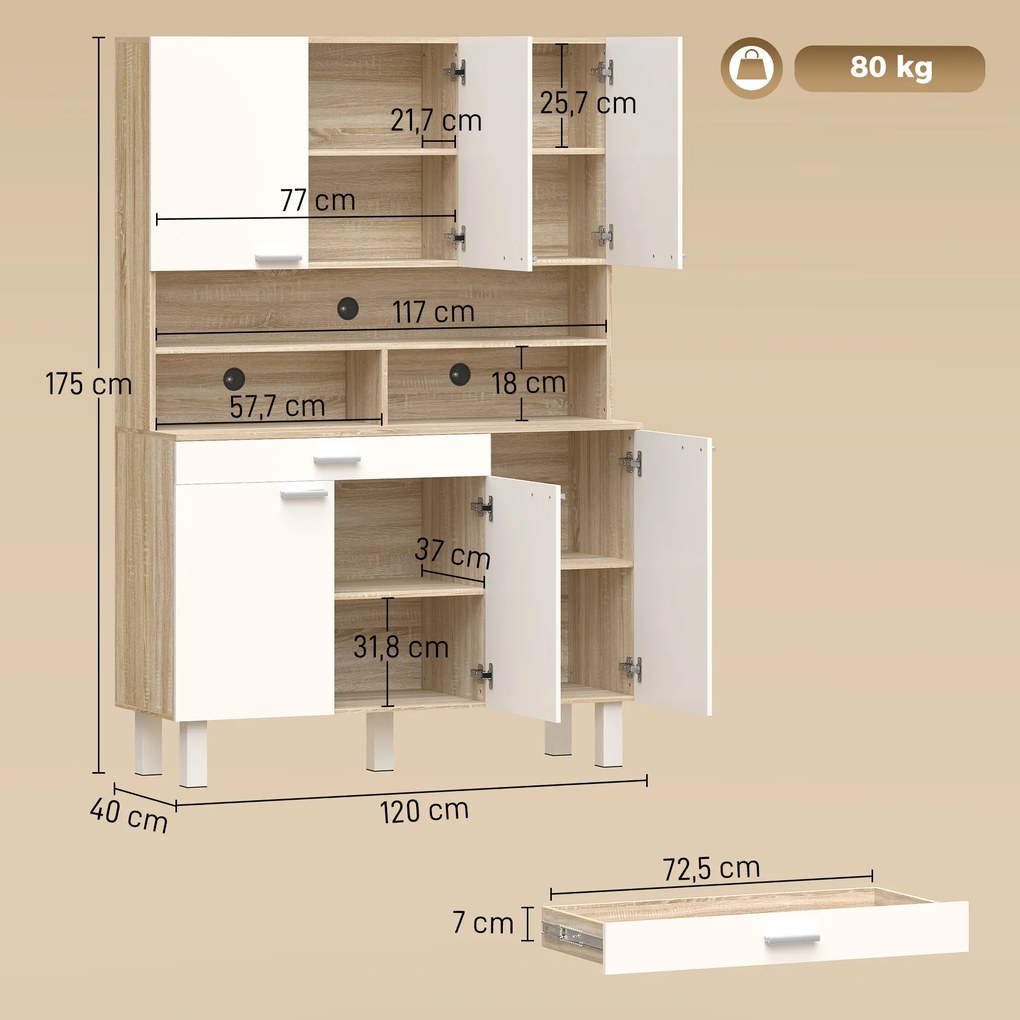Armário de Cozinha Alto com 6 Portas e Grande Gaveta Prateleiras Bancada Ampla para Micro-ondas 120x40x175 cm Branco e Madeira