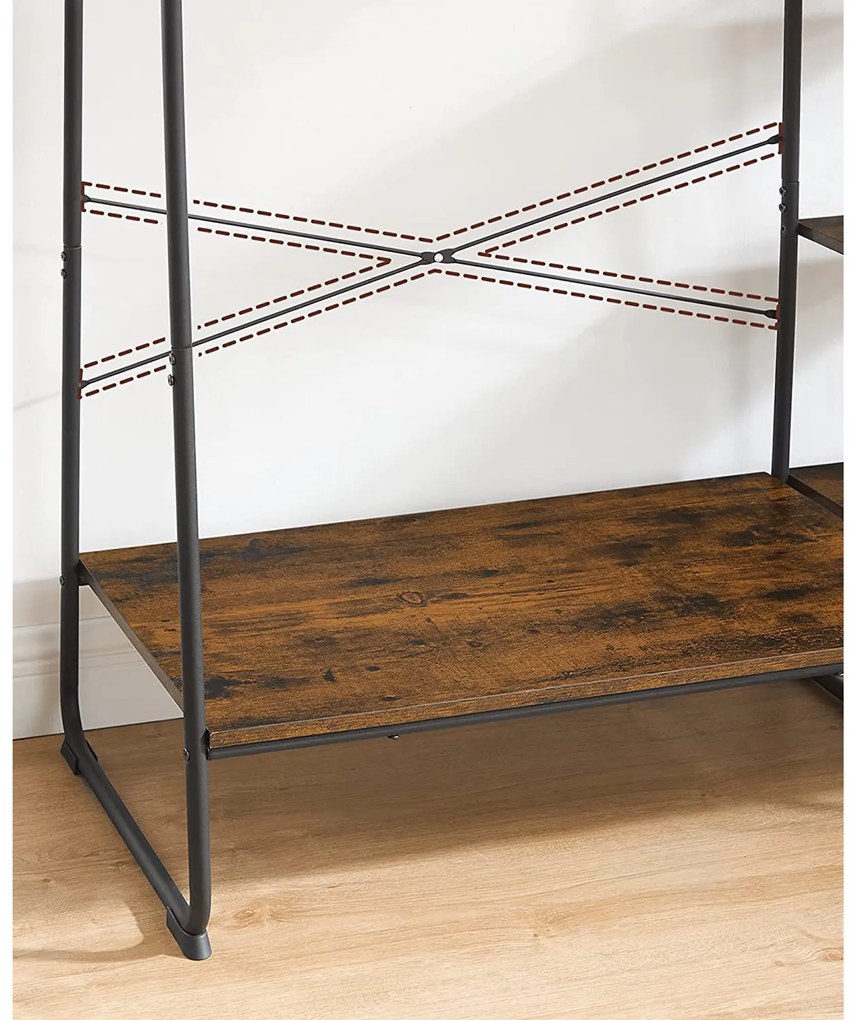 Cabide Guarda Roupa com prateleiras e ganchos 45 x 120 x 160 cm Castanho Vintage e Preto