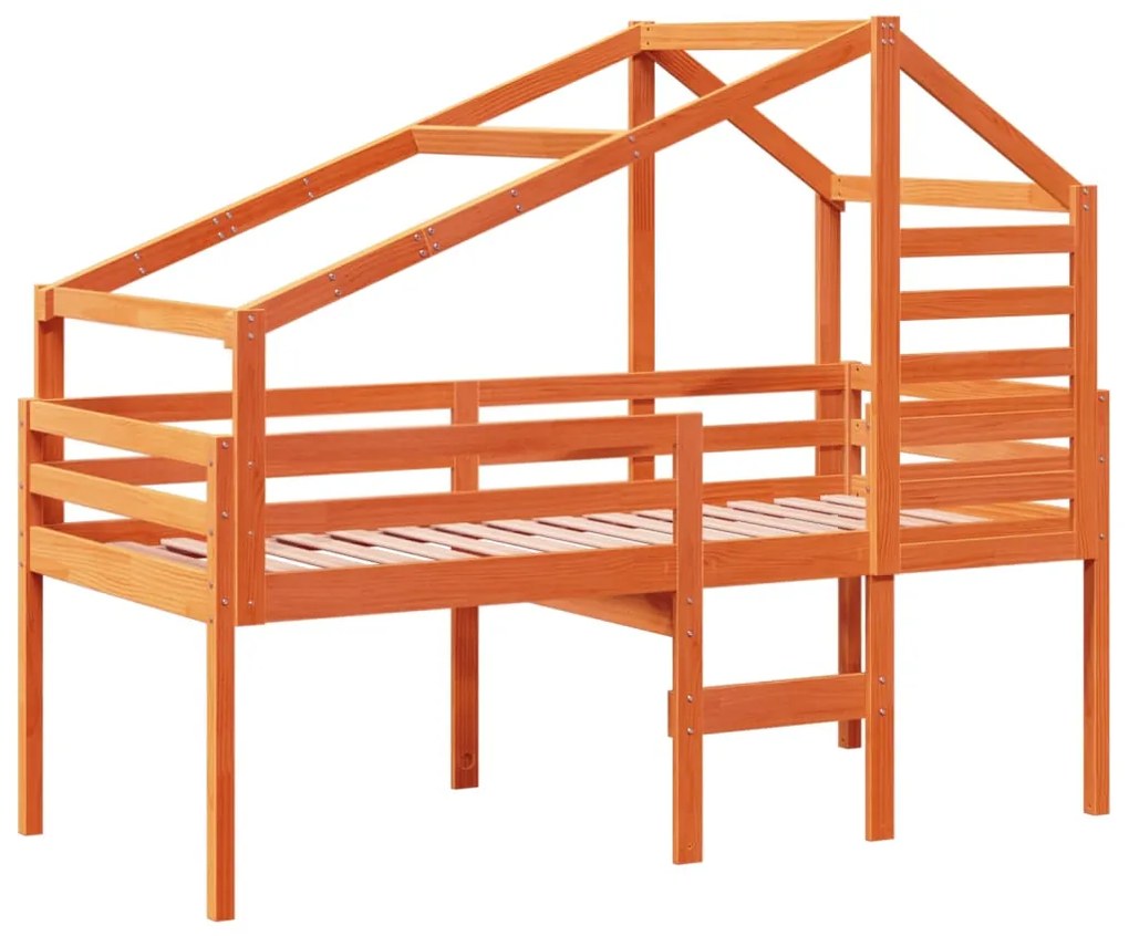 Cama alta com telhado 90x190 cm pinho maciço castanho-mel