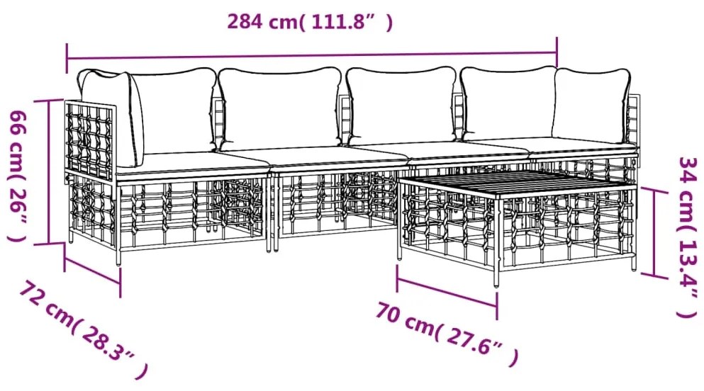5 pcs conjunto lounge de jardim c/ almofadões vime PE antracite
