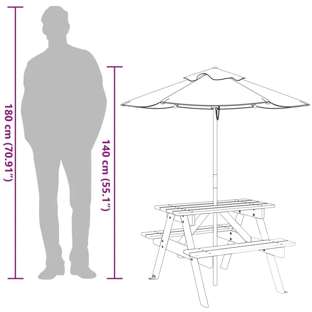 Mesa de piquenique para 4 crianças com guarda-sol abeto maciço