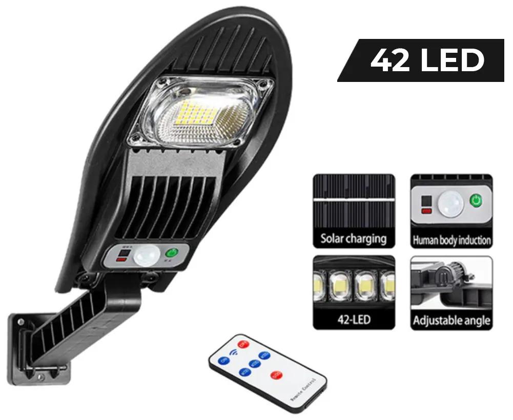 Foco Solar LED 42 Leds Exterior + Sensor Movimento + Controlo Remoto
