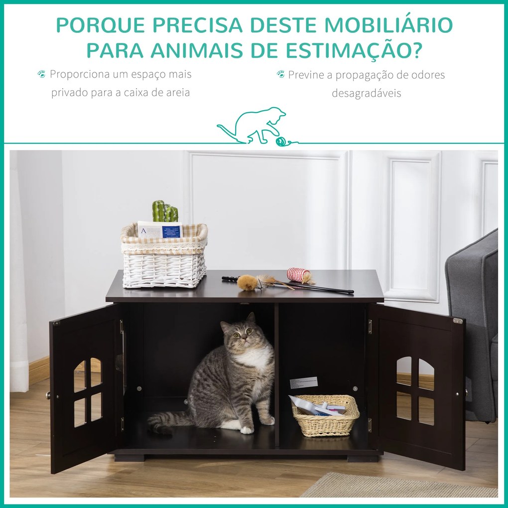 PawHut Casa para Gatos de Madeira Móvel para Caixa de Areia para Gatos