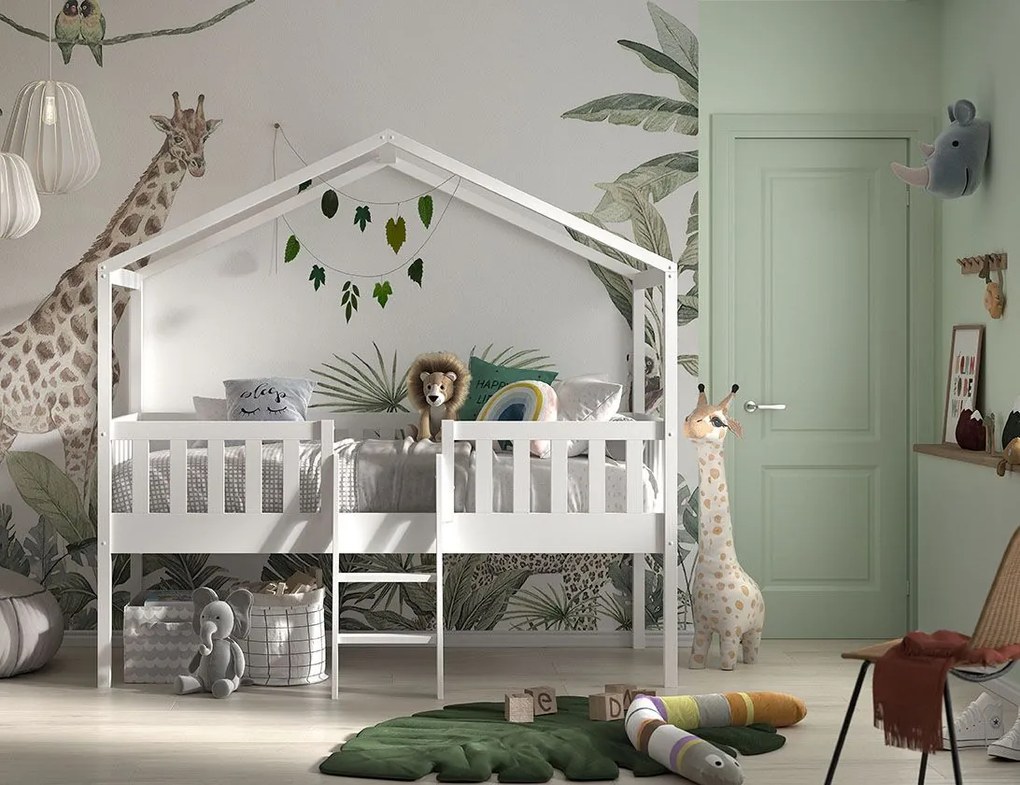 Cama infantil de Casa Alta DALLAS Com Escadas Branca