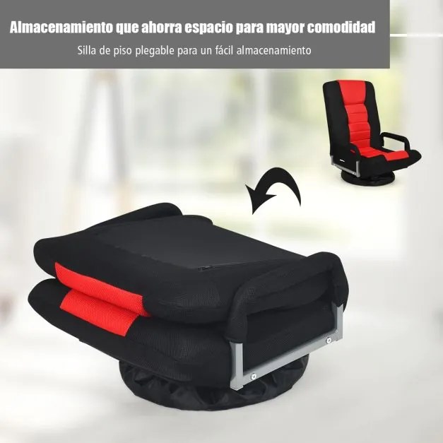 Cadeira de chão para jogos dobrável de 6 posições ajustável com base giratória de 360° para leitura e relaxamento 61-87 x 55 x 75 cm Vermelha